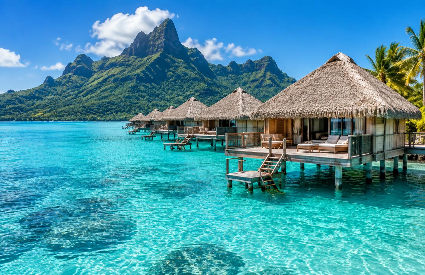 Overwater villas on a tropical lagoon